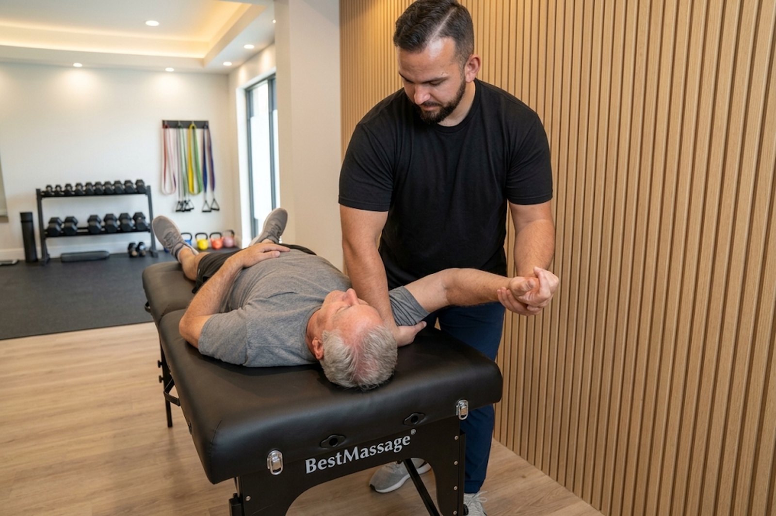 Dr. Joey Masri treating a patient's shoulder on a treatment table in a home gym